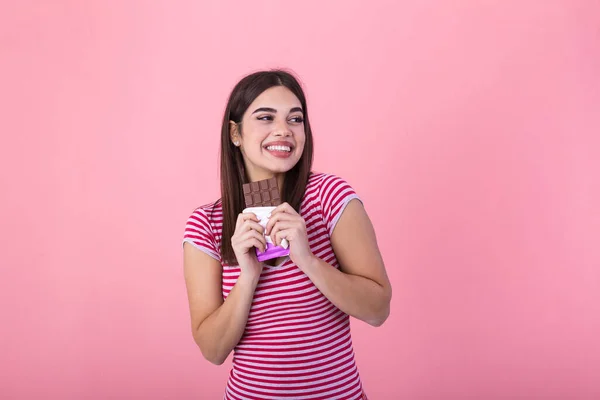 Lovely Smiling Teenage Girl Eating Chocolate Image Happy Cute Young — Stockfoto
