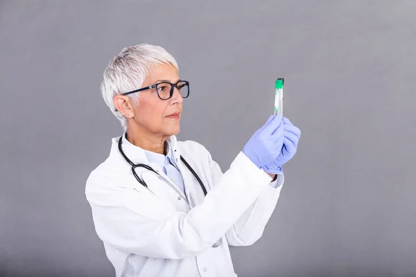 Female Doctor Technician Holding Test Tube Medical Equipment Blood Virus — Stockfoto