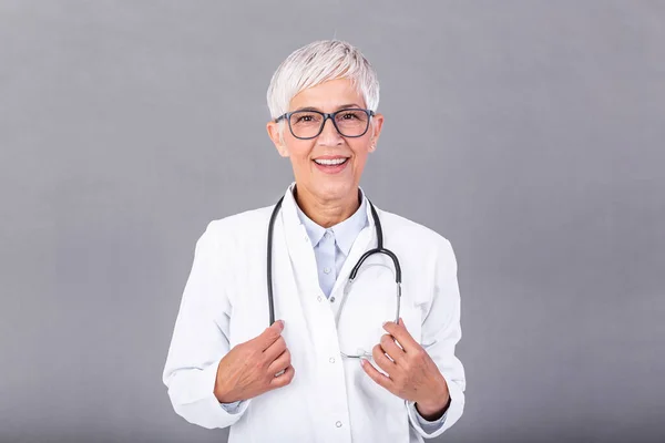 Doctor Senior Woman Medical Professional Isolated Gray Background Female Mature — Zdjęcie stockowe