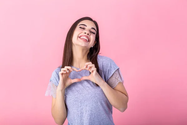 Portrait Smiling Young Beautiful Woman Showing Heart Gesture Two Hands — Zdjęcie stockowe