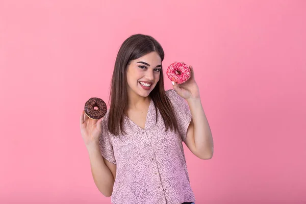 Stylish Girl Long Hair Positively Poses Holding Fresh Pink Chocolate — Stockfoto