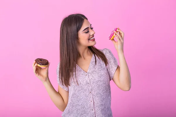 Beauty Model Girl Eating Colorful Donuts Funny Joyful Styled Woman — стоковое фото