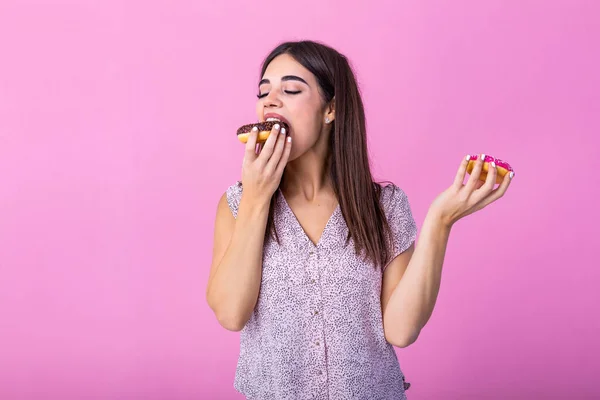 Beauty Model Girl Eating Colorful Donuts Funny Joyful Styled Woman — Photo