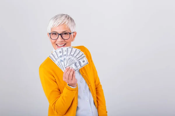 Closeup Portrait Super Happy Excited Successful Senior Woman Pensioner Holding — стоковое фото