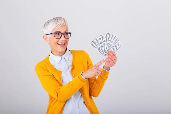 Happy Senior Woman Holding Lots Cash Elderly Woman One Hundred — Stock Photo, Image