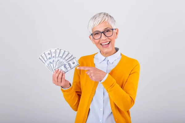 Happy Senior Woman Holding Lots Cash Elderly Woman One Hundred — Stockfoto