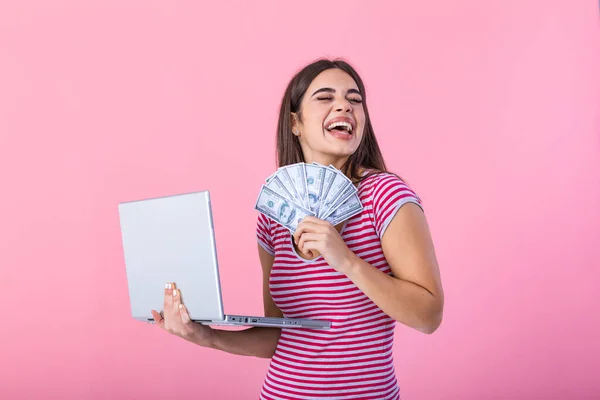 Portrait Excited Satisfied Girl Holding Money Banknotes Laptop Computer Happy — Stock Photo, Image