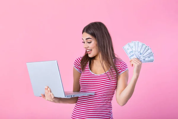 Portrait Excited Satisfied Girl Holding Money Banknotes Laptop Computer Isolated — Foto de Stock