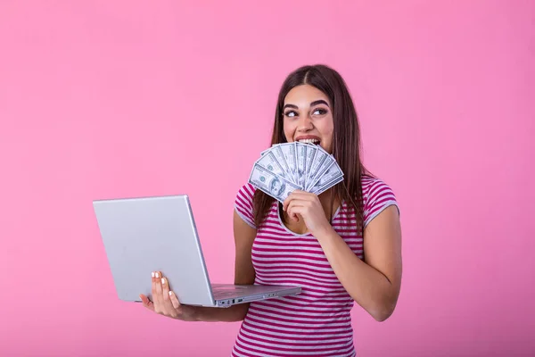 Portrait Excited Satisfied Girl Holding Money Banknotes Laptop Computer Isolated — Stok fotoğraf