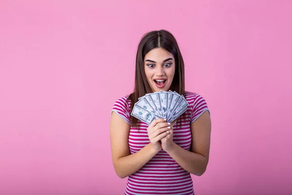 Portrait Excited Young Woman Holding Money Banknotes Celebrating Isolated Pink — Stock Photo, Image