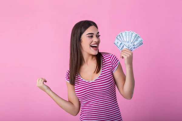 Portrait Excited Young Woman Holding Money Banknotes Celebrating Isolated Pink — Foto de Stock