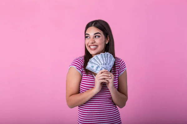Portrait Nice Amazed Wondered Attractive Cheerful Positive Lady Wearing Striped — Foto de Stock