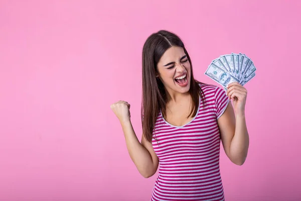 Young Overjoyed Woman Closed Eyes Screaming Holding Bundle Lots Dollars — Foto de Stock