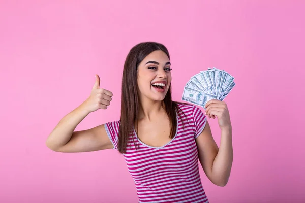 Portrait Cheerful Young Woman Holding Money Banknotes Showing Thumb Isolated — Foto de Stock