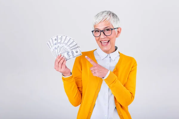 Happy Senior Woman Holding Lots Cash Elderly Woman One Hundred — Stock Photo, Image