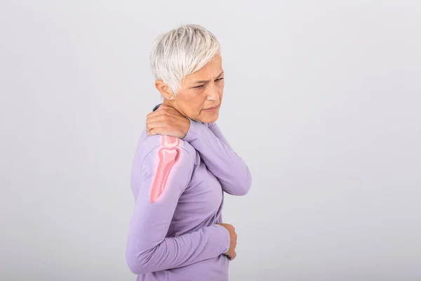 Senior Woman Shoulder Pain Elderly Woman Enduring Awful Ache Shoulder — Stock Photo, Image