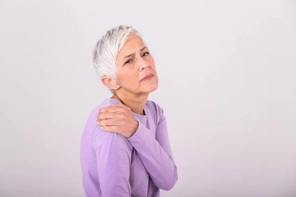 Senior Woman Shoulder Pain Elderly Woman Enduring Awful Ache Shoulder — Stock Photo, Image