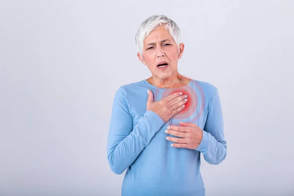 Woman Having Pain Heart Area Heart Attack Painful Chest Health — ストック写真