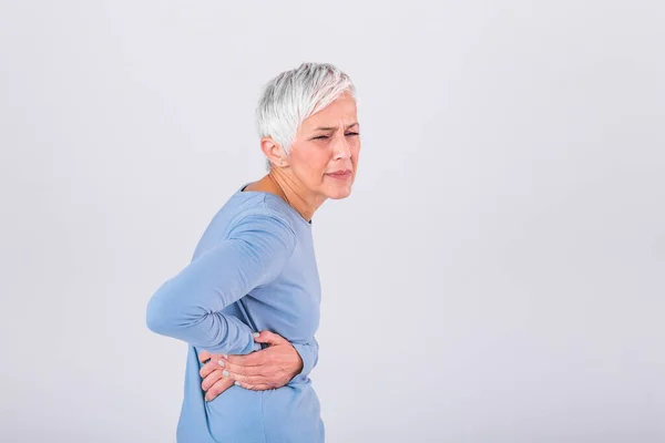 Elderly Woman Gray Hair Touching Her Aching Hip Upset Mature — Stockfoto