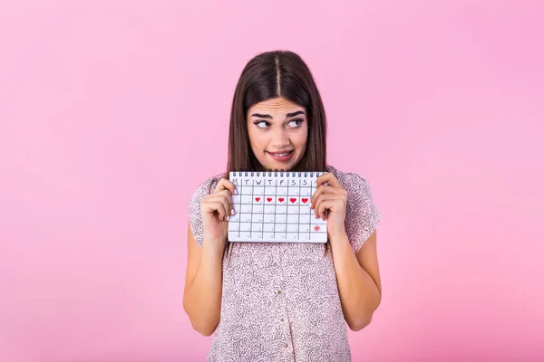 Portrait Embarrassed Cute Girl Holding Menstrual Calendar Drawn Hearts Period —  Fotos de Stock