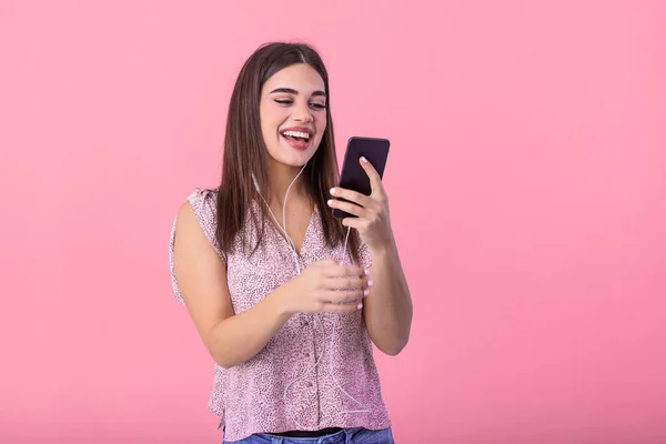 Excited Beautiful Girl Hold Mobile Phone Headphones Listening Music Blank — Stockfoto