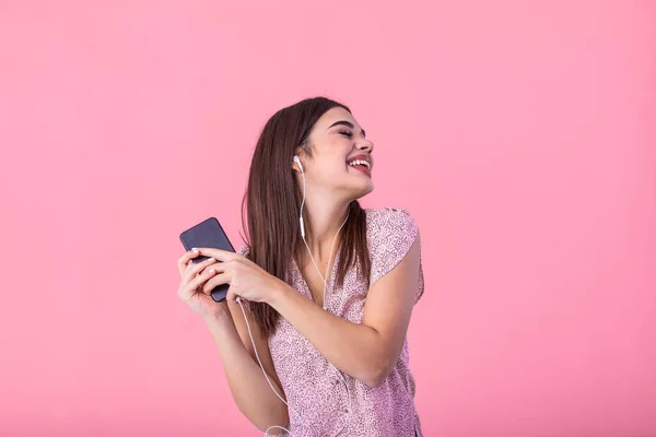 Smiling Brown Haired Girl Enjoying Favorite Song Dancing Pink Top — Φωτογραφία Αρχείου