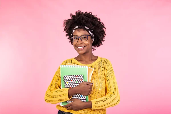 Young Female Student Glasses Holding Books Hand Isolated Pink Background — Φωτογραφία Αρχείου