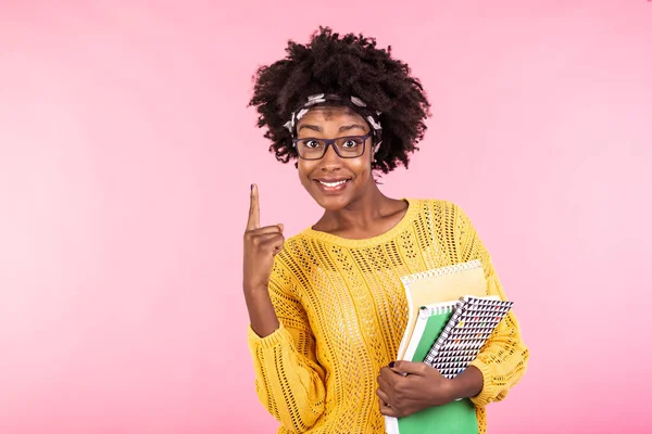 Young Female Student Glasses Holding Books Hand Isolated Pink Background — Φωτογραφία Αρχείου