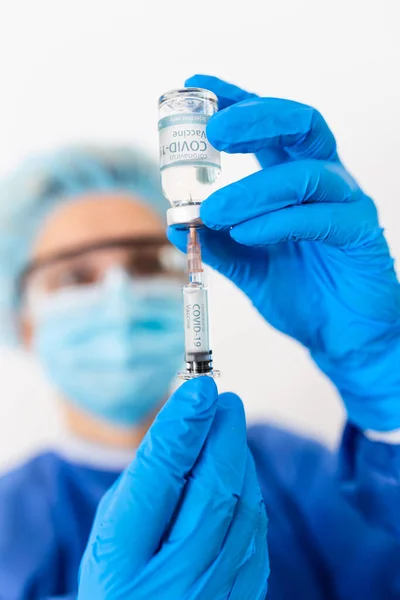 Closeup Hand Woman Doctor Scientist Ppe Suite Uniform Wearing Face — Stock Photo, Image