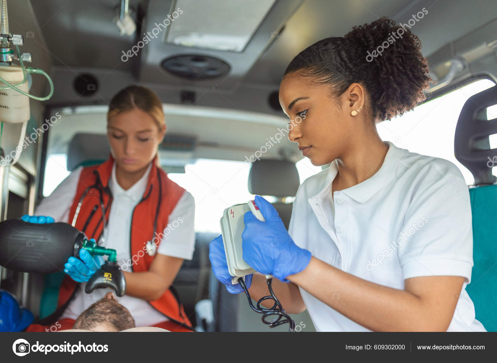 Paramedic Using Defibrillator Aed Conducting Basic Cardiopulmonary