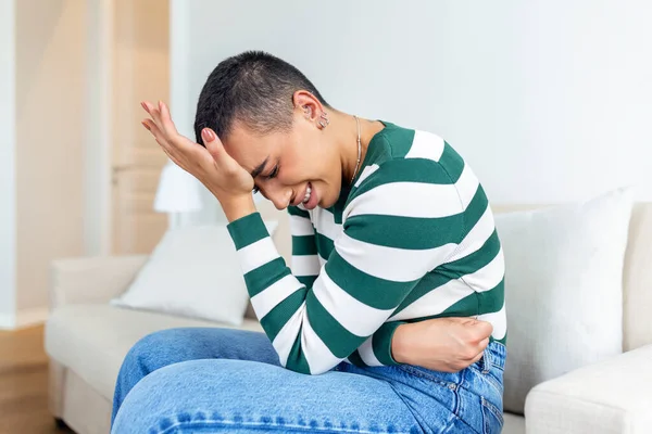 African American Woman Painful Expression Holding Hands Belly Suffering Menstrual — Fotografia de Stock