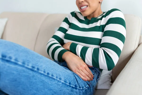 African American Woman Painful Expression Holding Hands Belly Suffering Menstrual — Foto de Stock
