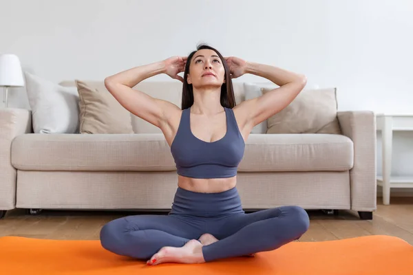 Asian Attractive Smiling Woman Practicing Yoga Sitting Half Lotus Exercise — Stock Photo, Image