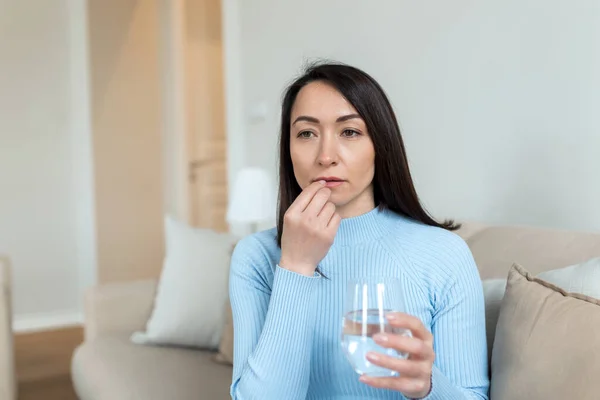 Asian Woman Takes Pill Glass Water Hand Stressed Female Drinking — Stock Photo, Image