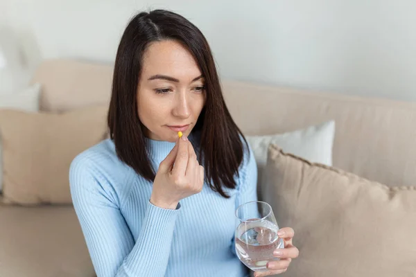 Asian Woman Takes Pill Glass Water Hand Stressed Female Drinking — Stock Photo, Image