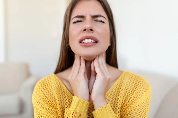 Close Young Woman Rubbing Her Inflamed Tonsils Tonsilitis Problem Cropped — ストック写真