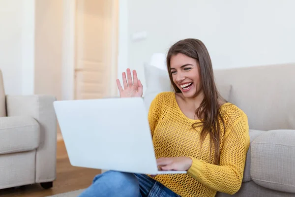Young Woman Waving Laptop Talking Her Friends Video Call Girl — Stockfoto