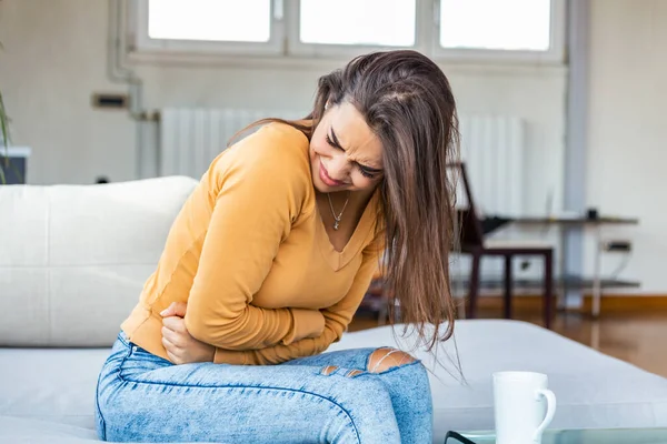 Young Beautiful Woman Having Painful Stomachache Woman Menstrual Pain Holding — Φωτογραφία Αρχείου