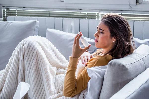 Woman Having Flu She Using Nasal Spray Help Herself Woman —  Fotos de Stock