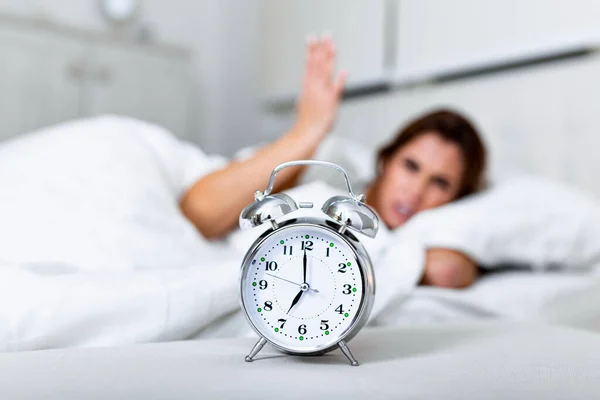Wake Asleep Girl Stopping Alarm Clock Bed Morning Woman Sleeping — Stockfoto