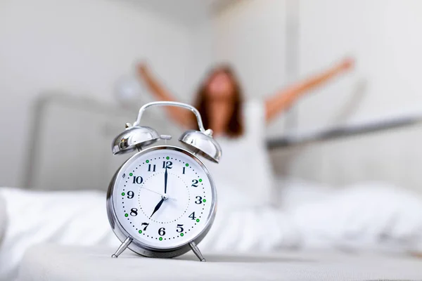 Closeup Alarm Clock Having Good Day Background Happy Woman Stretching — Stock Photo, Image