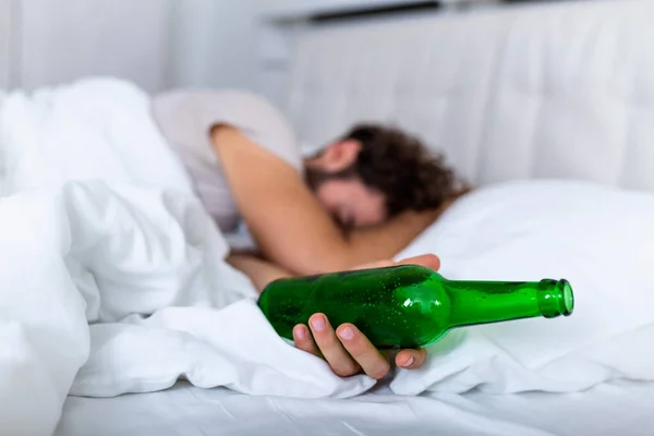 Drinking Drunk Bearded Adult Man Lying Bed Sleeping Drinking Lots — Stock Photo, Image