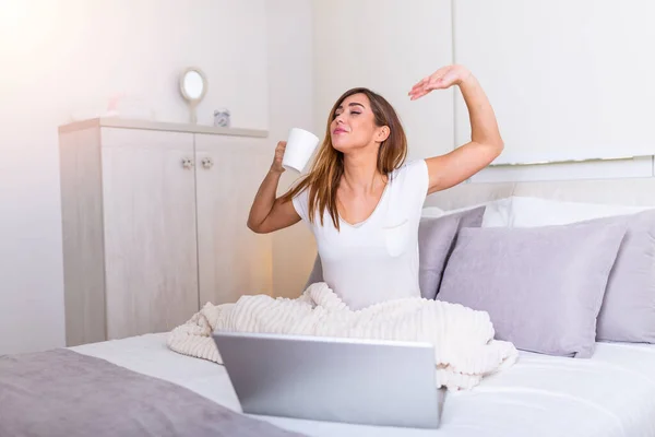 Beautiful Young Woman Drinking Coffee Home Her Bed Wearing Cozy — Stock Photo, Image