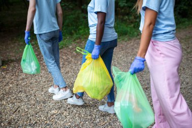 Mutlu gönüllüler halka açık bir parktaki çevreyi temizledikten sonra iletişim kurar, birbiri ardına yürür ve başka bir yere giderler. Seçici odak