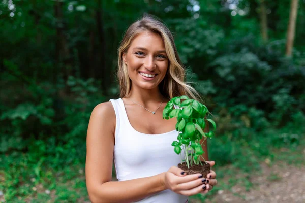 Nahaufnahme Einer Frau Die Keimlinge Händen Hält Gärtnerin Hält Ein — Stockfoto