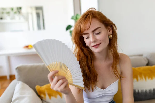 Close Overheated Woman Waving Paper Fan Breathing Air Leaning Back — Stock Photo, Image