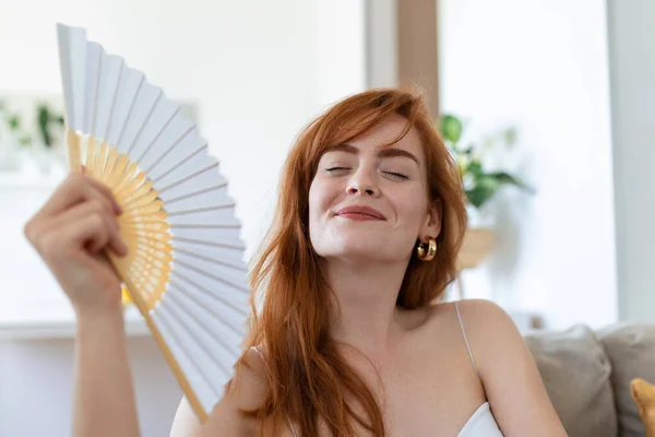 Head Shot Young Woman Using Paper Fan Feeling Hot Relieved — Stock Photo, Image