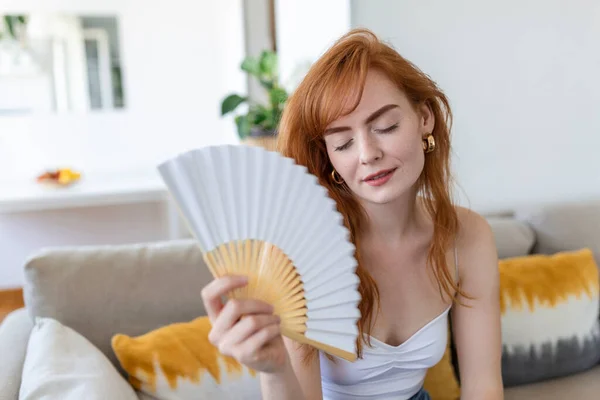 Close Overheated Woman Waving Paper Fan Breathing Air Leaning Back — Stock Photo, Image