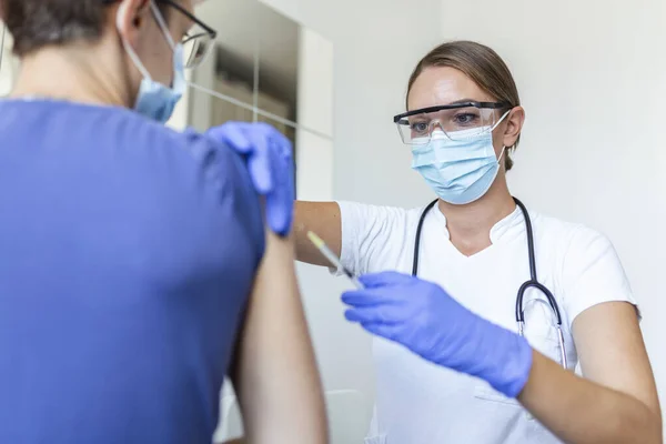 General Practitioner Vaccinating Old Patient Clinic Copy Space Doctor Giving — Stock Photo, Image