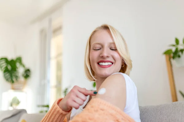 Woman Pointing His Arm Bandage Receiving Covid Vaccine Young Woman — Stock Photo, Image